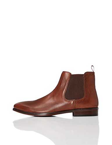 FIND Chelsea Boots Herren Aus Glattleder mit Blockabsatz und Lochverzierungen an Den Bündchen, Braun (Chestnut), 43 EU