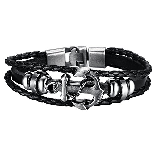 Hanessa 100% Echt Leder Surfer-Armband in Schwarz Anker Herren-Schmuck Edelstahl Geschenk für den Freund / Mann