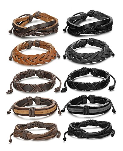 BESTEEL Schmuck 10 Stücke Leder Armbänder für Herren und Damen Armband Geflochten Länge Elastisch