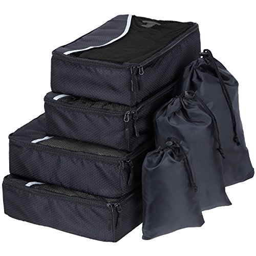 SWISSONA 7 Stück Premium Packwürfel, robust & langlebig, in schwarz | mit 2 Jahren Zufriedenheitsgarantie | Verpackungswürfel, Packtaschen, Kleidertasche, Koffer-Organizer, Aufbewahrungstasche