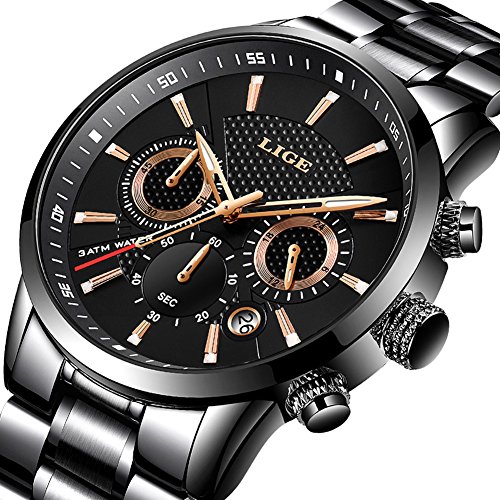 Herren Uhren Luxus Marke LIGE Wasserdicht Edelstahl Runde Sport Chronograph Analog Quarzuhr Mnner Schwarz Klassisch Business Armbanduhr