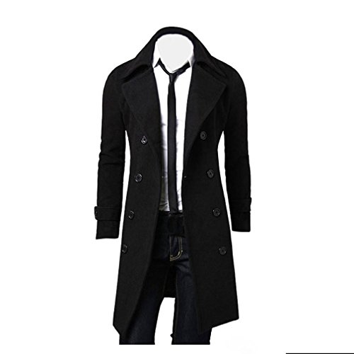Mantel herren Kolylong® Herren Vintage Lang Wollmantel Slim Fit Trenchcoat Männer Wolljacke Windbreaker Business Parka Outwear Überzieher Strickjacke Cardigan (M, Schwarz)