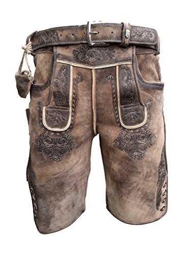 Kurze Herren Lederhose mit Gürtel, Braun, Speckig Walnussantik, Wildbockleder, Krone, Gr. 44-62 (Hellbraun, Gr.46)