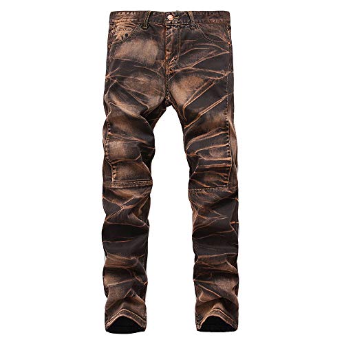 GreatestPAK Skinny Sweatwear Jeans Herren Slim Fit Denim Pants Ripped Ausgefranste Stretch Hosen, Kaffee,36