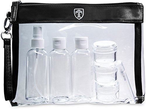 TRAVANDO ® Kulturbeutel durchsichtig mit 7 Behältern (max. 100ml) | 1l Kosmetiktasche transparent Kulturtasche für Flüssigkeiten | Reiseset Handgepäck für Flugzeug Reise Flaschen Handgepäck Beutel