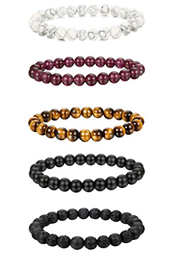 BE STEEL Schmuck 5Pcs Natur Stein Armbänder für Herren und Damen Armband Elastisch 8mm