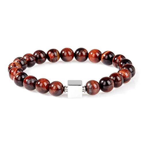 URBANSTYLES – Perlenarmband Schmuck – Armband Buddha Energiearmband Herren Universal – Shamballa 8 mm Naturstein Perlen Halbedelsteine – Quadratische Logo-Perle – Braun ca. 18 cm Tiger Auge