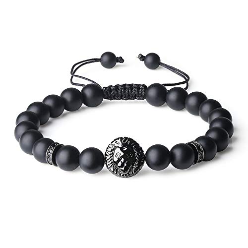 COAI Geschenkideen Edelsteinarmband aus Matt Onyx und Legiertes Löwe Zubehör Glücksarmband für Damen und Herren