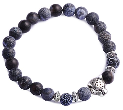 Feilok 8MM Enerigearmband Energie Armband Armkette EnergieStein Kugelkette Achat mit Leopard Panter Perlen Perle für Kinder, Damen und Herren Grau und Silber