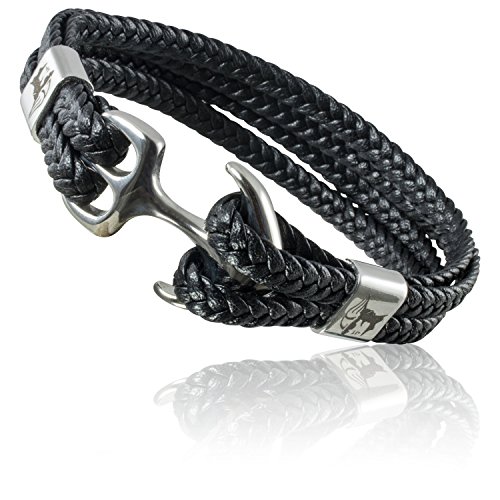 ETAVI® Anker-Armband für Herren in Schwarz/Silber 21cm lang aus hochwertigem Kunst-Leder mit Geschenk Box für Männer …