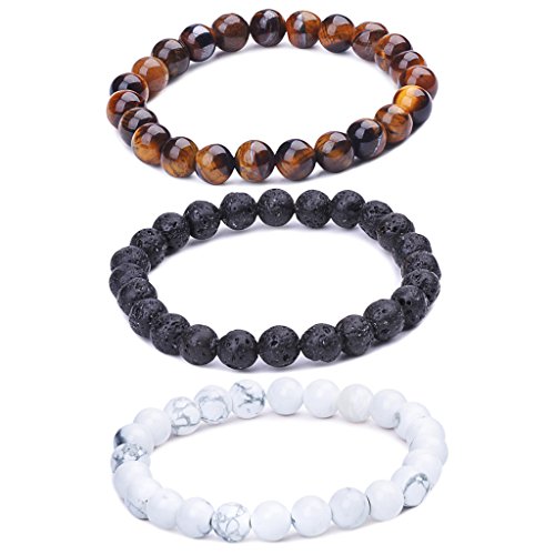 Unendlich U Cool Damen Herren Unisex Buddha Armband Armreif, 9mm Energie-Stein Kugeln Perlen Gebet Mala Stretch Energiearmband, Braun/Weiß/Schwarz(Lavastein)