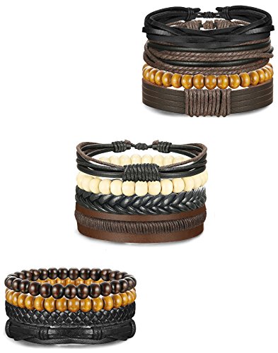 BE STEEL Schmuck 12 Stücke Leder Armbänder für Herren und Damen Armband Holz Perlen Geflochten Charme Elastisch
