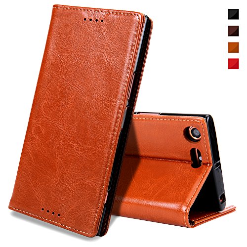 Sony Xperia XZ Premium Handyhülle,Sony Xperia XZ Premium Hülle,EATCYE® [Echt Leder] Handyhülle [Extra Dünn] Brieftasche flip Lederhülle Schutzhülle [Versteckt MAGNET] Premium Design Echt Leder Brieftasche Hülle für Sony Xperia XZ Premium Handy (Braun)