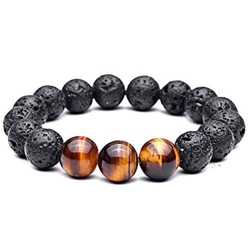 Jocalio Lion&Son Armband Edelstein Tigerauge Lava Herren Biker Buddha Stein Braun Schwarz Fashion Vintage Modeschmuck, Länge:20 cm
