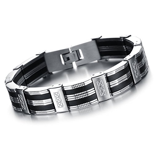 Oidea Herren Armband, Exquisit Schwarz Silber Streifen Kreuz Armreif Armschmuck Armkette Handgelenk, Edelstahl