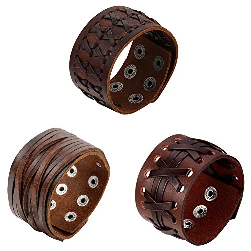 Oidea Herren Leder Armband Set (3PCS ), Punk Rock Stil 3.5cm-4.1cm Breite Groß geflochtene handgefertigt Manschette Kordelkette Druckknopf Armreifen, Legierung, braun silber