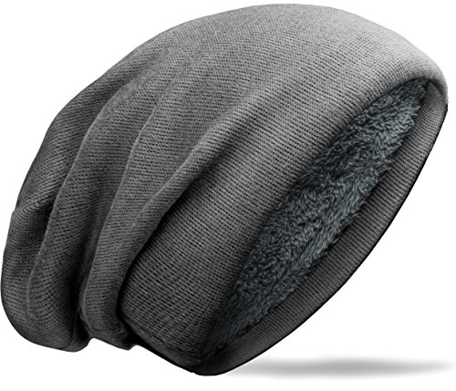 Grin&Bear weiches Unisex Slouch Beanie Mütze in Feinstrick mit warmem Fleece Innenfutter Hellgrau M017