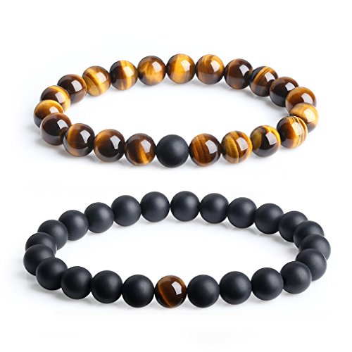 coai Naturstein Tigerauge/Weißer Türkis/Labradorit/Rosenquarz/Sonnenstein/Aquamarin/Malachit Geschliffener Onyx 7 Farboptionen Ein Paar Partner Armbänder