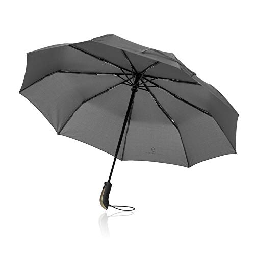 Regenschirm Taschenschirm – VON HEESEN – sturmfest bis 140 km/h – inkl. Schirm-Tasche & Reise-Etui – Auf-Zu-Automatik, klein, leicht & kompakt, Teflon-Beschichtung, windsicher, stabil (Grau)