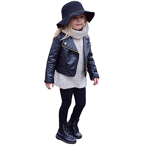 FeiliandaJJ Baby Kinder Mantel, Coat Jacken Herbst Winter Junge Mädchen Schwarz Pu Nähte Revers Lederjacke Strickjacke Kleidung Warm Outwear (80(0~1 Jahre), Schwarz)