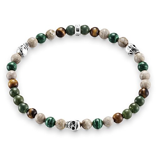 Thomas Sabo Damen Herren-Armband Rebel at Heart Totenkopf 925 Sterling Silber geschwärzt natur grün braun Länge 15.5 cm A1531-929-7-L15,5