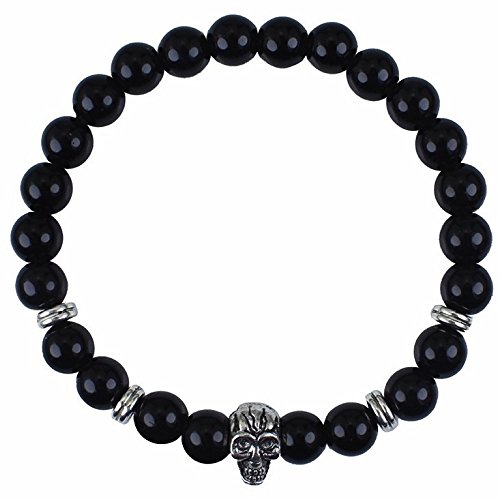 Lion & Son Totenkopf-Armband Buddha-Bracelet Woman-Fashion Loewen-Perlen-Band Skull-Schaedel Onyx-Kugeln, Farbe:Silver-Skull