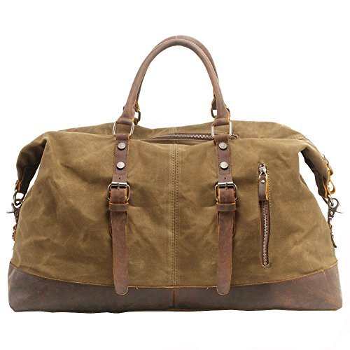 Canvas Weekender, P.KU.VDSL Leder Reisegepäck Reisetasche Duffle Bag Handgepäck Tasche Leather Wasserdicht für Herren Damen, A – Khaki,