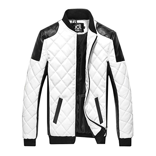 Herren PU Lederjacke Zipper Stehkragen Jacke Kunst-Lederjacke Bikerjacke Weiß XXL