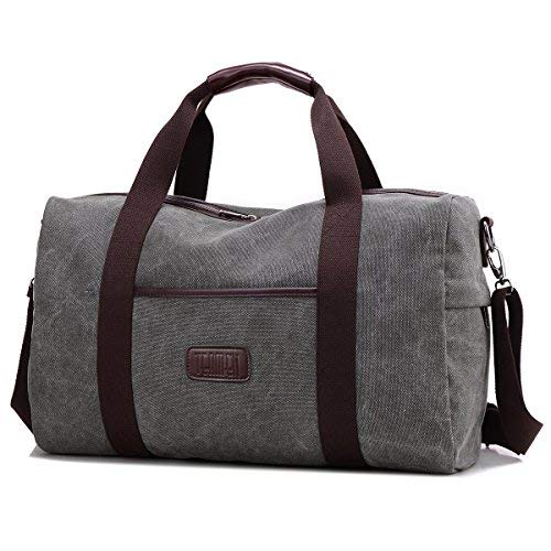 Weekender Bag Reisetasche TEAMEN Sporttasche Handtasche Canvas PU Leder Tasche Umhängetasche Schultertasche Henkeltasche 20L für Einkaufen Reisen Arbeit und Schule (grau)