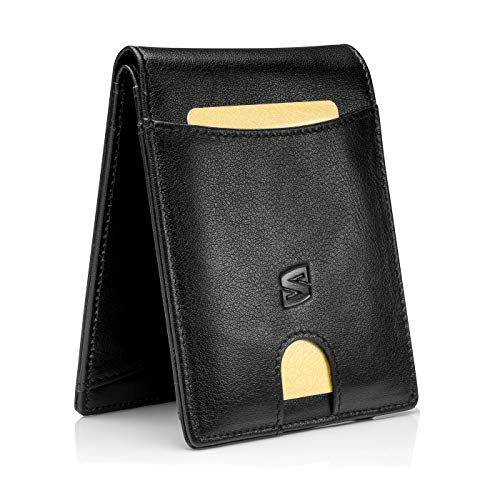 Schwarz Karten Portemonnaie ohne Münzfach mit RFID-Schutz Geschenk-Box Herren-Lederbörse Leder-Geldtasche Leder-Brieftasche Männer-Geldbeutel Echt-Ledergeldbeutel Portmonee Echt-Ledergeldbörse Purse
