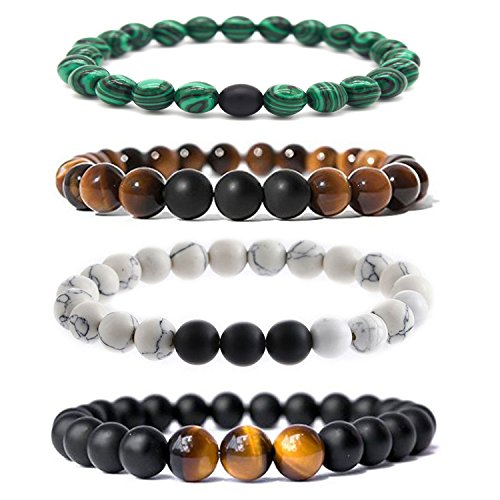 Bliqniq 4 Pcs 8mm Damen Chakra-Perlenarmband aus Onyx-Lava-Natursteinen Energiearmband mit Jaspis-Weltkugel Buddha Armreif Yoga-Armband 23er Beads