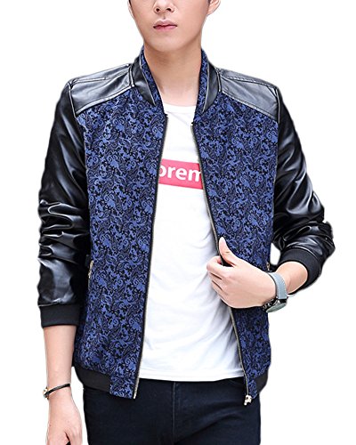 Herren Biker Drucken Slim Kunstleder Jacke Blau L