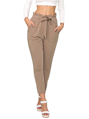 Simplee Apparel Damen Hosen Elegant High Waist Stretch Chiffon Skinny Hosen Pants Casual Streetwear Hosen mit Tunnelzug- Gr. 40 / XL, Hell-Braun