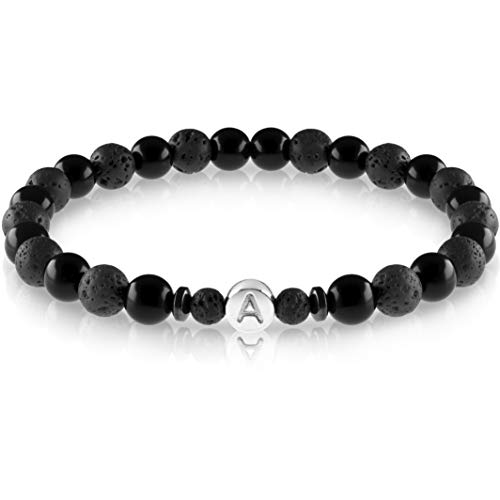 FABACH Echtsilber Partnerarmbänder aus 6mm Lava und Onyx Steinen mit 925 Sterling Silber Buchstaben Perle – Paar Perlenarmband mit Gravur als Freundschaftsarmband, Pärchen-Armband