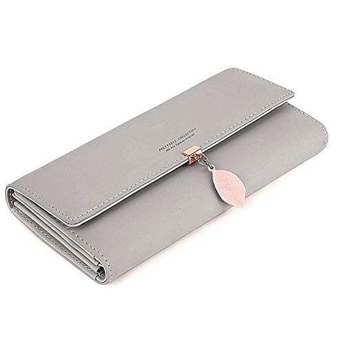 PrettyNuo Geldbörse Damen Leder Gross, Damen Geldbeutel Große Kapazität, Elegant Damen Portemonnaie, Lang Damen Portmonee Leder mit Handyfach Grau