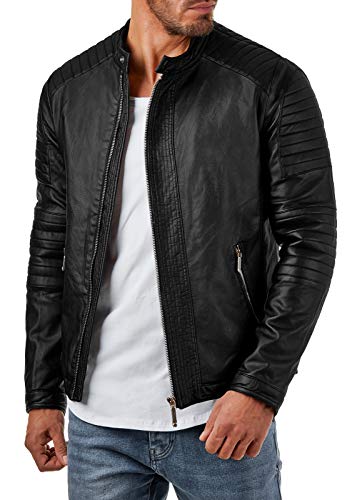 EightyFive Herren Kunst-Lederjacke Bikerjacke Schwarz Stepp-Muster EF22 XS-XXL, Größe:L