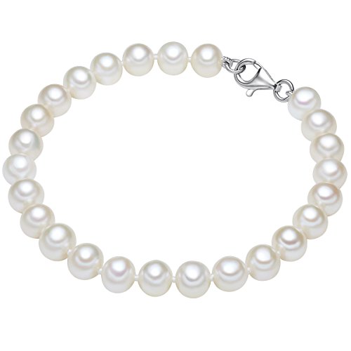 Valero Pearls Damen-Armband Hochwertige Süßwasser-Zuchtperlen in ca. 7 mm Oval weiß 925 Sterling Silber in verschiedenen Länge – Perlenarmband mit echten Perlen weiss 60201420