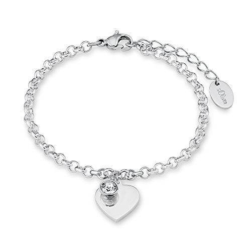 s.Oliver Damen-Armband mit gravierbarem Herz-Anhänger aus hochwertigem Edelstahl mit Swarovski-Kristallen, längenverstellbar (17+3 cm)