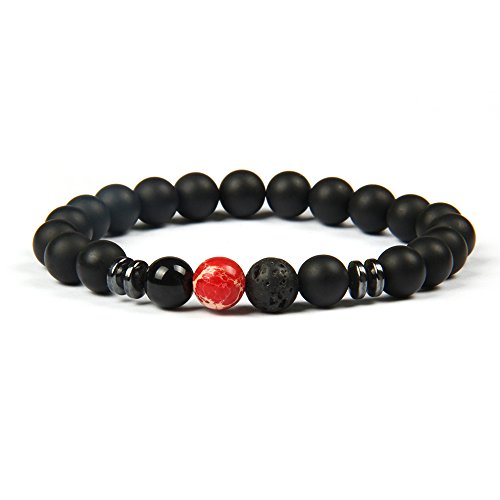 GOOD.designs ® Chakra Perlenarmband aus Onyx und Lavastein Natursteinperlen (Rot Marmor) rot rotes rotfarben marmoriert marmorierteperle Herrenarmband Damenarmband Perlenkette Schmuckstein