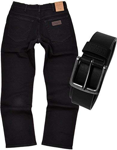 Wrangler TEXAS STRETCH Herren Jeans Regular Fit inkl. Gürtel (W44/L32, Black)