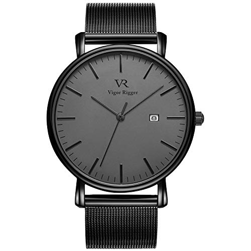 Vigor Rigger Herren Quarzuhr ultradünne Schwarz Armbanduhr für Damen und Herren Classic Minimalistisches Design mit Datum Kalender und Milanaise Mesh Band