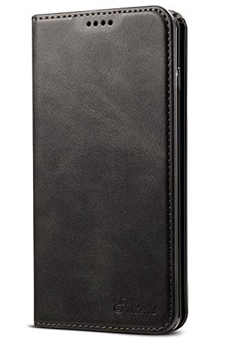 Leder Case Handyhülle Compatible with Samsung Galaxy S10+ Flip Case Handytasche mit Kredit Karten Hülle Geldklammer Unsichtbar Magnet und Stand Funktion Schutzhülle,Schwarz
