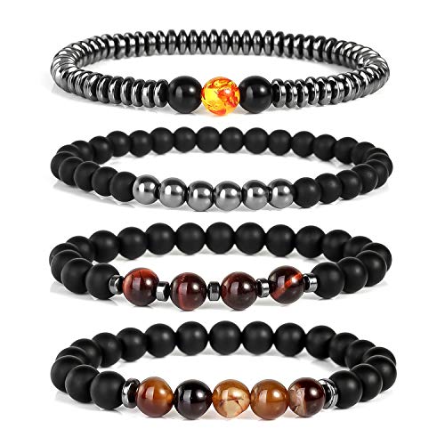 Crazy-M Chakra Perlenarmbänder Schmuckstein Perlen lavastein Armband Onyx Naturperlen Lava Armband Yogaarmband Energiearmband für Damen und Herren – Schmuck Geschenke in Geschenkbox (4 Stuck)