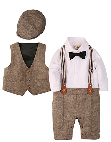 Zoerea 3tlg Baby Jungen Bekleidungssets Strampler + Weste + Hut Fliege Krawatte Anzug Gentleman Festliche Taufe Hochzeit Langarm Baby Kleikind- Gr. Etikette 80 (ca.6-12 monate), Braun 013