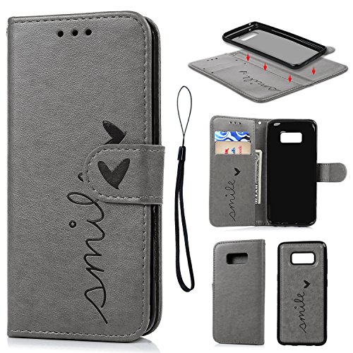 Geniric Handyhülle für Samsung Galaxy S8 Leder Flip Wallet Cover Stand Case Card Slot Leder Tasche TPU 2 in 1 Design Karteneinschub Magnetverschluß Kratzfestes (Grau kleine Liebe)
