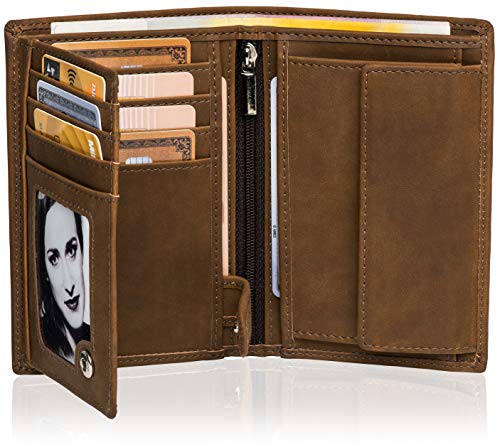 Geldbeutel Hochformat – TÜV geprüft – RFID Schutz – Großes Münzfach Herren – Geldbörse groß in braun mit Edler Geschenkbox – Moose