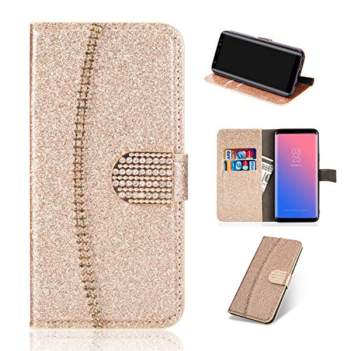 Artfeel Leder Brieftasche Hülle für iPhone 7 Plus/iPhone 8 Plus, Bling Glitzer Kristall Strass Flip Handyhülle mit Kartenhalter,Luxus Diamant Magnetverschluss Bookstyle Stand Hülle-Funkeln Gold