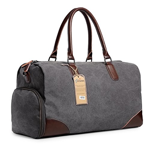 Groß Weekender Taschen Reisetasche Canvas Retro Leder Handgepäck Sporttasche mit Schuhfach für Herren Damen Outdoor Gym Grau