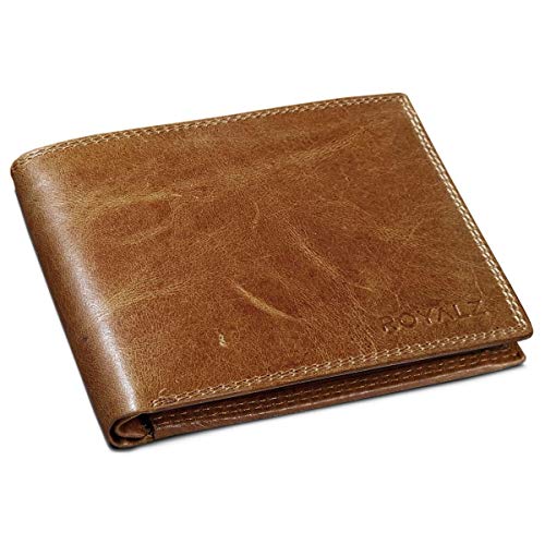 ROYALZ Vintage Herren Portemonnaie Leder Geldbörse 9 Kartenfächer Trifold Brieftasche aus hochwertigem Echt-Leder, Farbe:Cognac Antik