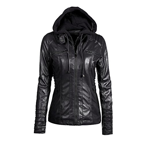 Subfamily Damen Jacken Lederjacke MäNtel Outwear Frauen Schlank Revers Abnehmbarer ReißVerschluss Langarm Einfarbig Kapuzenjacke Mantel Tops Jacke Wintermantel Oberbekleidung (Schwarz, M)